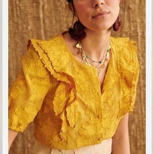 Sezane JORDANNA BLOUSE ochre cotton 46 XXXL mustard short sleeve blouse plus
